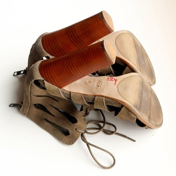 MIA Military Green Suede Leather Peep Toe Cutout Lace-up Heels Bootie Shoes 6 - Picture 14 of 16